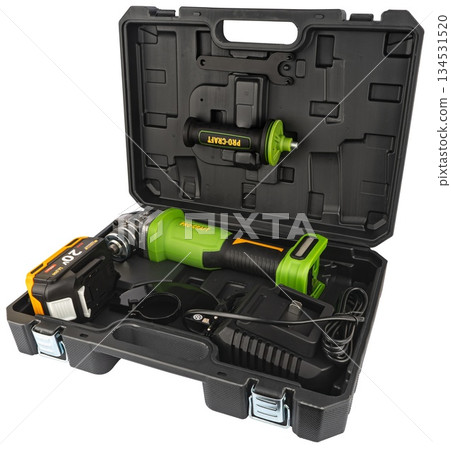 ProCraft cordless sander, in a case with additional accessories, on a white background. ProCraft cordless sander, in a case with additional accessories, on a white background. 134531520
