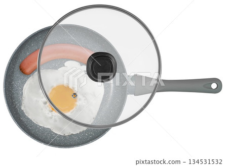 scrambled eggs and sausage on a frying pan, on a white background in isolation 134531532