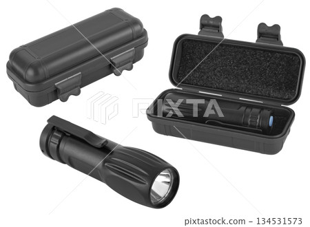 LED camping flashlight, on a white background in insulation LED camping flashlight, on a white background in insulation 134531573