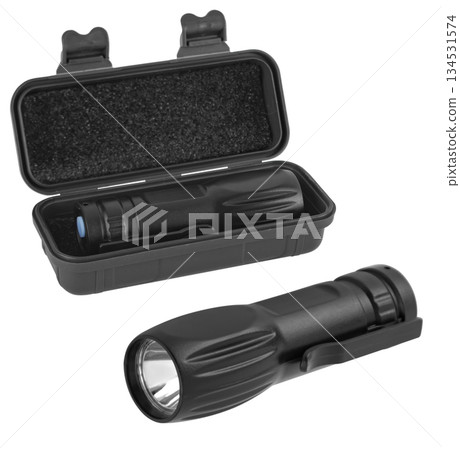 LED camping flashlight, on a white background in insulation LED camping flashlight, on a white background in insulation 134531574