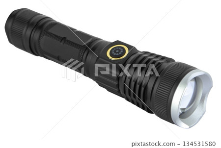 hand-held LED flashlight, on white background in insulation 134531580