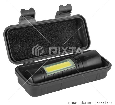 hand-held LED flashlight, on white background in insulation hand-held LED flashlight, on white background in insulation 134531588
