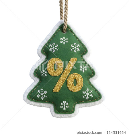 Handcrafted-style christmas tree felt tag with a glittery percentage sign, ideal for holiday sale campaigns, discounts, and promotions Handcrafted-style christmas tree felt tag with a glittery percentage sign, ideal for holiday sale campaigns, discounts, and promotions 134531634