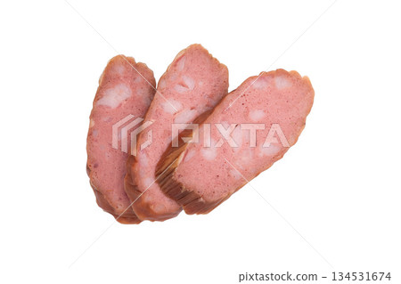 pieces of smoked sausage isolated 134531674