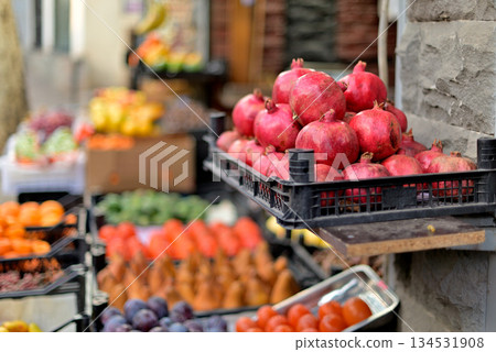 Fresh Pomegranates at Outdoor Market Fresh Pomegranates at Outdoor Market 134531908