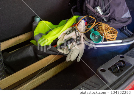 Car trunk with road trip safety essentials 134532293