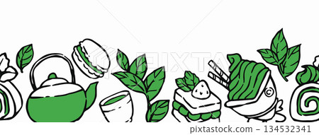 Japanese matcha tea. Doodle seamless border. Matcha tea and desserts. Japanese matcha tea. Doodle seamless border. Matcha tea and desserts. 134532341