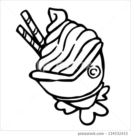 Japanese ice cream with fish cookies. Doodle style vector illustration. Japanese ice cream with fish cookies. Doodle style vector illustration. 134532415