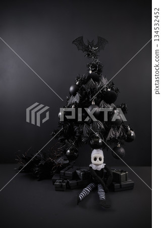 Gothic Christmas. Dark-themed Christmas tree with black ornaments Gothic Christmas. Dark-themed Christmas tree with black ornaments 134532452