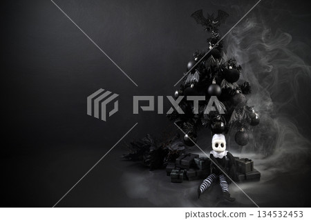 Gothic Holiday. A dark-themed miniature Christmas tree with fog, Gothic Holiday. A dark-themed miniature Christmas tree with fog, 134532453