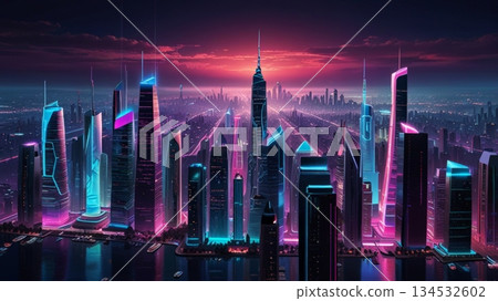 A futuristic city skyline with glowing neon buildings, bathed in a dramatic sunset, highlighting technology's blend with nature in a vibrant and imaginative landscape 134532602