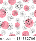 Seamless dotted pattern with pink watercolor circles. Vector abstract background 134532706