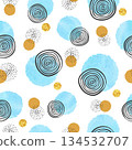 Seamless dotted pattern with blue watercolor circles. Vector abstract background 134532707