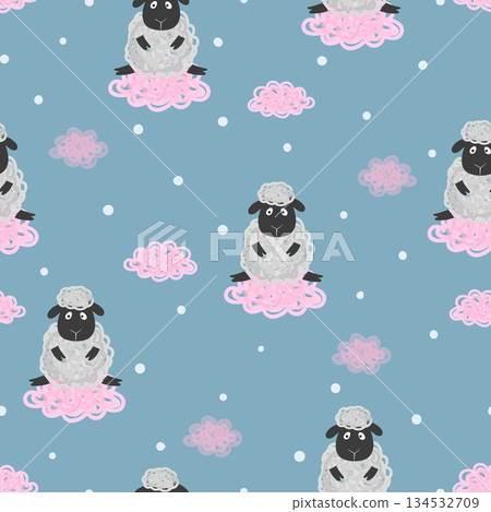 Seamless pattern with cute sheep and clouds. Vector childish background 134532709