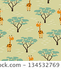 Seamless African pattern with cartoon giraffe and trees. Summer print for kids 134532769