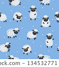 Seamless pattern with cute white sheep on blue. Vector kids background with little lambs 134532771
