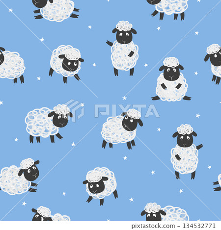Seamless pattern with cute white sheep on blue. Vector kids background with little lambs 134532771