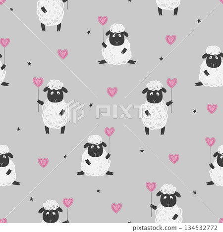 Seamless pattern with cute sheep and hearts. Baby print 134532772