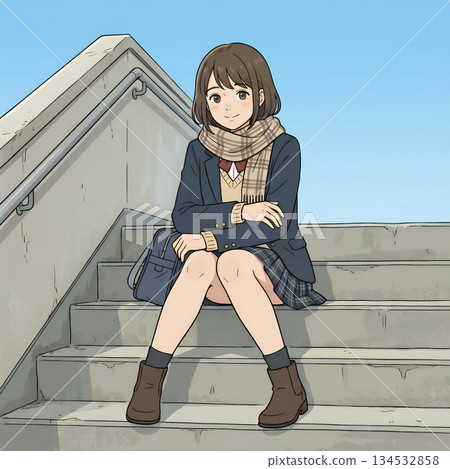 坐在樓梯上的高中女生 134532858