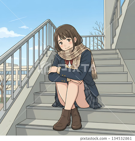 坐在樓梯上的高中女生 134532861