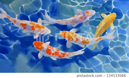 Vibrant koi fish swimming in clear blue water with sunlit patterns 134533066