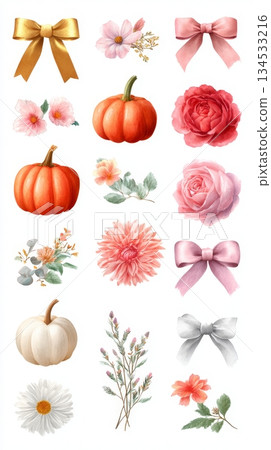 Autumn decor elements with pumpkins, flowers, and bows for seasonal design Autumn decor elements with pumpkins, flowers, and bows for seasonal design 134533216