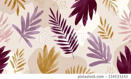 Abstract botanical pattern with colorful palm leaves on beige background 134533243
