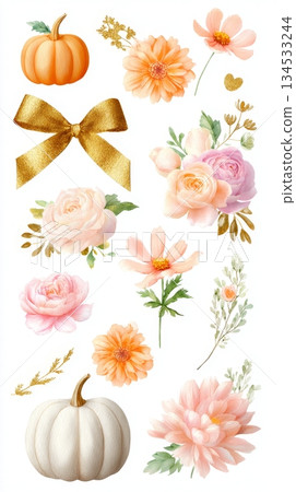 Autumn floral arrangement with pumpkins and gold accents 134533244