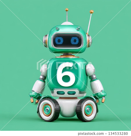 Cute retro green robot with antennas and number six on chest 134533280