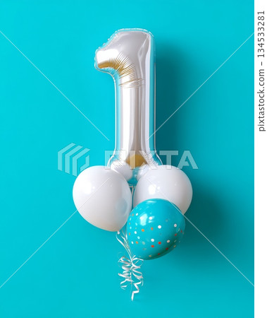 Silver number one balloon with turquoise and white balloons on blue background 134533281