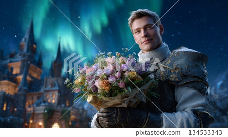 Young caucasian male knight holding flowers under northern lights Young caucasian male knight holding flowers under northern lights 134533343