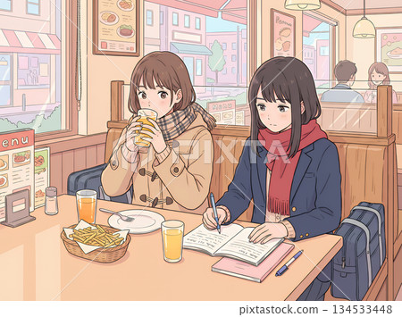 兩名高中女生在一家家庭餐廳學習 134533448