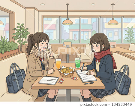 兩名高中女生在一家家庭餐廳學習 134533449