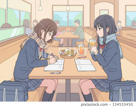 兩名高中女生在一家家庭餐廳學習 134533450