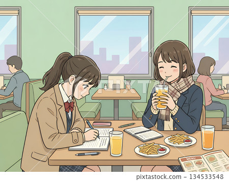 兩名高中女生在一家家庭餐廳學習 134533548
