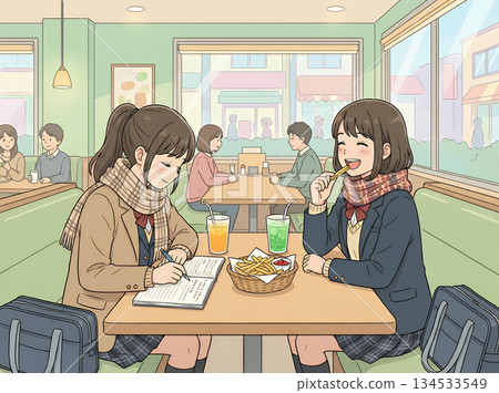 兩名高中女生在一家家庭餐廳學習 134533549