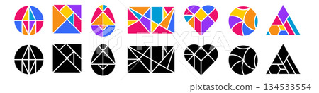 Colorful and black tangram shapes for creative puzzle design Colorful and black tangram shapes for creative puzzle design 134533554