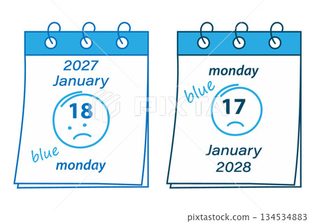 Calendar Pages with Blue Monday Date in January 2027 and 2028 18th and 17th with Sad smiley and Text. Set Isolated Vector illustration Blue Monday Greeting Thematic Cards Design Poster Banner leaflet Calendar Pages with Blue Monday Date in January 2027 and 2028 18th and 17th with Sad smiley and Text. Set Isolated Vector illustration Blue Monday Greeting Thematic Cards Design Poster Banner leaflet 134534883