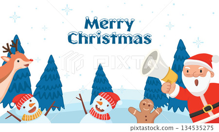 Merry Christmas Greeting Illustration Santa Claus Reindeer Snowman Gingerbread Winter Scene. 134535275