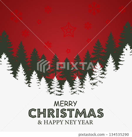 Merry Christmas Greeting Card White Pine Tree Silhouette Red Background.Vector Illustration 134535290