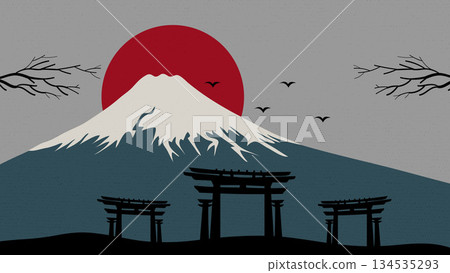 Japanese Landscape Mountain Fuji, Gates and Sun Banner Poster Background Illustration. 134535293