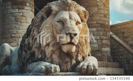 Close-up of a stone lion statue / A classical decorative material that exudes history and dignity 134535599