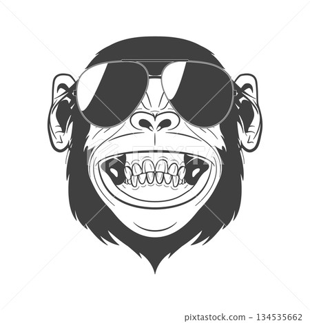Monkey Face with Sunglasses. Cool Monkey Portrait In Black and White Line Art. Grinning Monkey Head Mascot Logo for Streetwear, Sticker, Poster, Tattoo, Retro Graphic Design, Monkey Face Monkey Face with Sunglasses. Cool Monkey Portrait In Black and White Line Art. Grinning Monkey Head Mascot Logo for Streetwear, Sticker, Poster, Tattoo, Retro Graphic Design, Monkey Face 134535662
