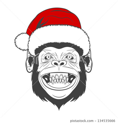 Monkey Face With Santa Hat. Funny Monkey Portrait with Red Santa Cap. Grinning Monkey Head Mascot Logo for Christmas Holiday Designs, Sticker, Poster, T Shirt Graphic, Vector Illustration 134535666