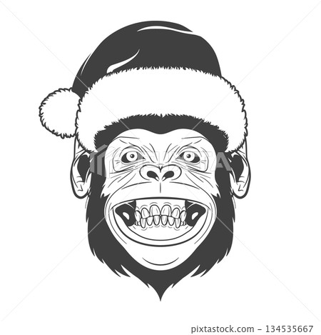 Monkey Face With Santa Hat. Funny Monkey Portrait In Black and White Line Art. Grinning Monkey Head Mascot Logo for Christmas Holiday Designs, Sticker, Poster, T Shirt Graphic 134535667