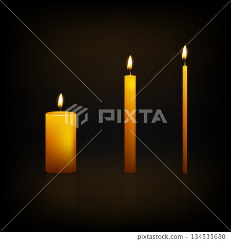 Vector 3d Yellow Candle Set. Realistic Candles, Pillar, Taper Candles with Flame on Dark Background. Minimal Candle Decor for Holiday Lighting, Meditation 134535680
