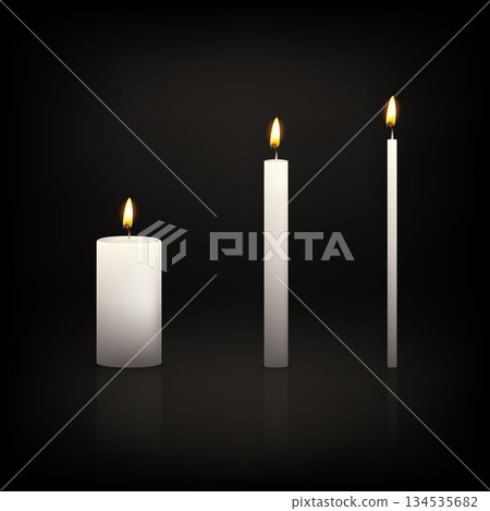 Vector 3d White Candle Set. Realistic Candles, Pillar, Taper Candles with Flame on Dark Background. Minimal Candle Decor for Holiday Lighting, Meditation 134535682