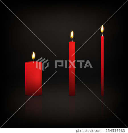 Vector 3d Red Candle Set. Realistic Candles, Pillar, Taper Candles with Flame on Dark Background. Minimal Candle Decor for Holiday Lighting, Meditation Vector 3d Red Candle Set. Realistic Candles, Pillar, Taper Candles with Flame on Dark Background. Minimal Candle Decor for Holiday Lighting, Meditation 134535683