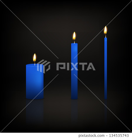Vector 3d Blue Candle Set. Realistic Candles, Pillar, Taper Candles with Flame on Dark Background. Minimal Candle Decor for Holiday Lighting, Meditation Vector 3d Blue Candle Set. Realistic Candles, Pillar, Taper Candles with Flame on Dark Background. Minimal Candle Decor for Holiday Lighting, Meditation 134535743