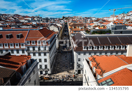 Aerial View of Lisbon Old Town with Red Roofs and Busy Street 134535795